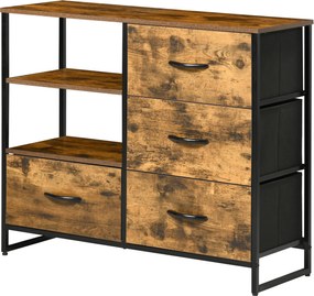 HOMCOM Szövet Fiókos Szekrény Összecsukható Fiókokkal, Nyitott Polcokkal és Acél Vázszerkezettel, Ipari Stílusban - 84x30x71.5 cm Rusztikus Barna | Ao