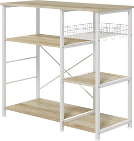 HOMCOM Modern Konyhai Polc 1 Kosárral, 4 S-alakú Akasztóval, 6 Állítható Talppal és Polccal 90x40x84.5 cm Tölgy és Fehér | Aosom