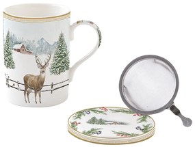 Karácsonyi porcelán teás bögre szűrővel White Forest díszdobozban