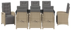 9 Darabos Kerti Étkező Garnitúra párnákkal Bézs Poli Rattan, Kerti Asztal Fekete 200x80x73 cm Edzett Üveg