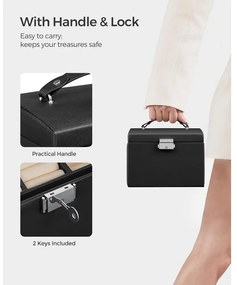 Ékszerdoboz, zárható ékszertartó 2 fiókkal, fekete
