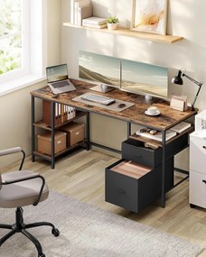 Számítógépasztal, Munkaasztal Tárolóval, 3 Polc, 2 Fiók, 60 x 160 x 76 cm, rusztikus barna