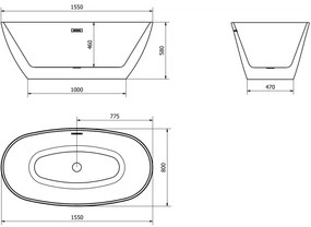 Mexen Eris, szabadon álló kád 155 x 80 cm, fehér, grafit túlfolyó, 53441558000-66