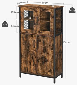 tárolószekrény, többcélú szekrény 60 x 108 x 30 cm, rusztikus barna és fekete