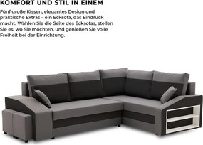 Grande sarokkanapé polcokkal és puffokkal , polc a jobb karfaban puffok a bal karfaban, jobboldali, szövet anyag, hab töltet, szürke - fekete