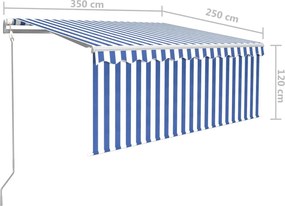 Kék/fehér redőnyös, LED-es, szélérzékelős napellenző 3,5x2,5 m