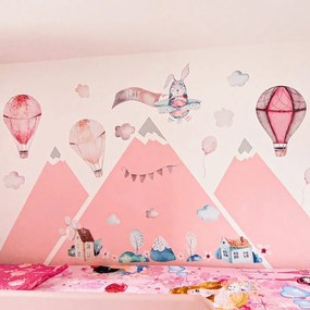INSPIO Falmatrica gyerekszobába - Rózsaszín hőlégballon matrica névvel gyerekszobába