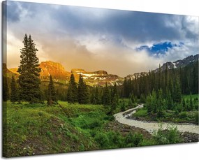 Vászonkép Ösvény a hegyek között Erdő Fák Nap 120x80 cm