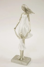 Ezüst hölgy elegáns fehér ruhában kislányával dekorfigura 33x11x7cm