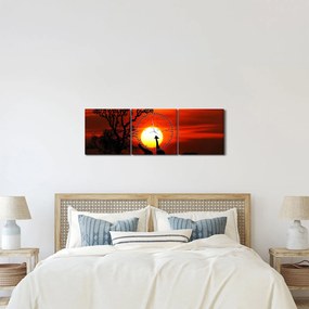 Kép - Állatok sziluettjei napnyugtakor (órával) (90x30 cm)