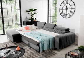 Szürke bársony kinyitható-tárolóhelyes sarokkanapé (bal oldali-heverő résszel) Grayson – ELTAP