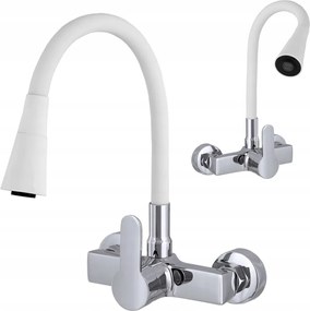 Konyhai Fali Csaptelep Fehér Flexibilis Kifolyócső 2 Funkciós Króm Mosogató
