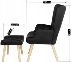 Pihenőfotel fekete színben, bársony kárpittal, lábtartóval LOZANO