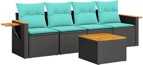 vidaXL 5 részes fekete polyrattan kerti ülőgarnitúra párnával