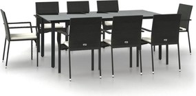 vidaXL 9 részes fekete polyrattan kerti étkezőgarnitúra párnákkal