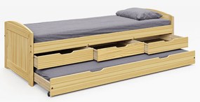 Ágy kihúzható pótággyal, természetes, tömörfa, 90x200, MARINELLA NEW