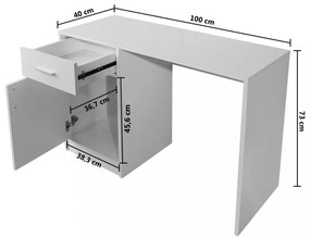 100x40x73 cm Fehér íróasztal fiókkal és szekrénnyel