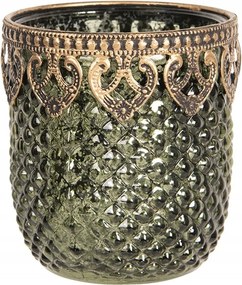 Tealight üveg gyertyatartó zöld és arany színben, patinával 8x9 cm
