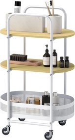 HOMCOM Görgős Használati Kocsi 3-Szintes Konyhai Kocsi Tároló Kocsi Kosárral és Polcokkal – 30 kg teherbírása Étkezőbe, Nappaliba, Hálószobába 49,5x32