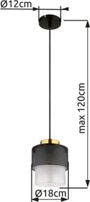 Globo 15709H Függeszték fém fekete matt, üveg átlátszó, fém sárgaréz színű, kábel textil fekete, magassága állítható, ø: 180mm, M: 1200mm, 1x E27 60W 230V izzó nélkül