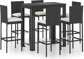 vidaXL 7 részes fekete polyrattan kültéri bárszett párnákkal