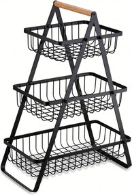 Gyümölcskosár fém fekete 3 szintes, fa nyéllel