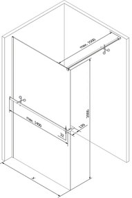 Mexen Kioto+, Walk-In zuhanyparaván polccal és akasztóval 130 x 200 cm, 8 mm átlátszó üveg fekete mintás, grafit profil, 800-130-121-66-78