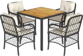 vidaXL 5 részes fekete polyrattan kerti étkezőgarnitúra párnákkal