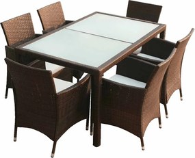 vidaXL 7-részes barna kültéri polyrattan étkezőszett párnákkal