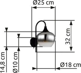 Globo 15548W Fali lámpa fém matt fekete, üveg füstszínű, billenőkapcsolóval, fényirány: lefelé, SZxM: 180x320mm, Mélység: 250mm, nem tartozék: 1x E27 40W 230V