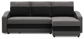 Hewlet sarokkanapé, 2 ágyneműtartóval, szövet anyag, univerzális oldal, hab töltet, szürke - fekete
