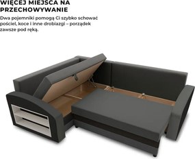 Grande sarokkanapé polcokkal , polc a bal karfaban, baloldali, szövet anyag, hab töltet, szürke - fekete