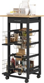 HOMCOM Konyhai Kocsi Kerekekkel, Többfunkciós Kocsi Fiókkal, 4 Kivehető Fém Kosárral és Oldalsó Polcokkal, 47x37x83 cm, Fekete és Natúr Fa | Aosom