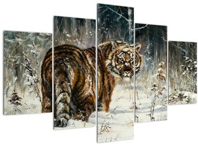 Kép - tigris a havas erdőben, olajfestmény (150x105 cm)