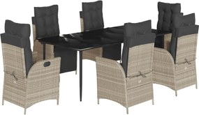 vidaXL 7 részes világosszürke polyrattan kerti étkezőszett párnával