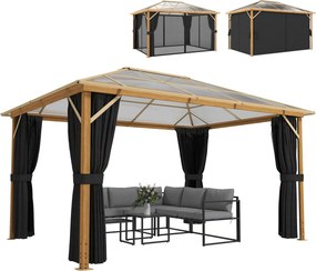 Outsunny 4 x 3 m alumínium kerti pavilon 6 mm polikarbonát merev tetővel, faerezetes kivitelben, szúnyoghálóval és 4 oldalfüggönnyel — téli viszonyokn