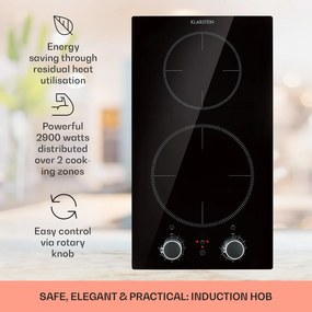 Klarstein Kochheld, indukciós főzőlap, 2900 W, 2 zóna, forgó szabályozók, üveg, fekete
