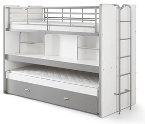 Fehér-szürke emeletes ágyneműtartós gyerekágy kihúzható pótággyal, íróasztallal, ágyráccsal 90x200 cm Bonny – Vipack