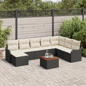 9 darabos Kert Kanapé Szett Párnákkal Fekete Poli Rattan Akáciával, 2 fős Kert Kanapé Párnákkal Fekete Poli Rattan