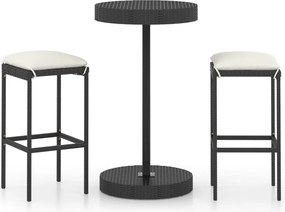 vidaXL 3 részes fekete polyrattan kültéri bárszett párnákkal
