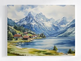 Vászonkép Canvas Tájkép Hegyek Csúcsok Alpok Tó Házak Falu 100x75