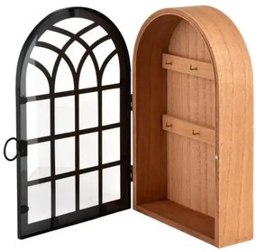 Fa fali kulcstartó szekrény fekete rácsos ajtóval - íves 30x6,5x19 cm