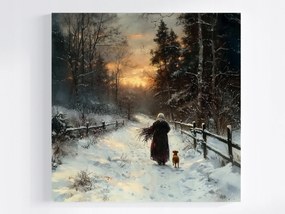Vászonkép Canvas Tájkép Erdő Ösvény Tél Hó Nő Kutya 40x40