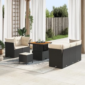 8 részes kerti kanapé szett párnákkal fekete poly rattan akáccal, 3 részes kerti étkező szett párnákkal fekete poly rattan akáccal