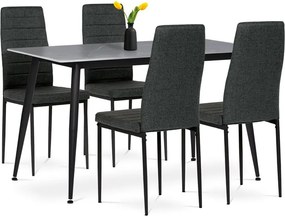 Étkezőgarnitúra 1+4, asztal 130x70, szinterezett kőlap szürke matt márvány mintázattal, székek mélyzöld szövet kárpittal