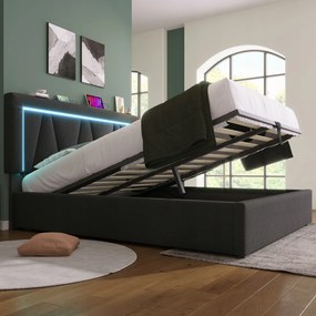 Kárpitozott ágy Dupla Led ágy Usb-c Led 140x200cm Hidraulika szürke