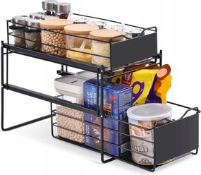 2 Szintes Konyhai Szervező, Fényes Fekete, Fürdőszobába, Szekrénybe, Kihúzható