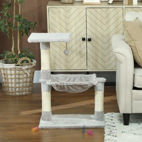 PawHut Macska Fa 3 Kaparóoszloppal, Természetes Sziszal Platformmal, Hintaággyal és Lógó Golyo Játékkal, Méret: 50 cm x 26 cm x 70 cm, Rövid Plüss, Vi