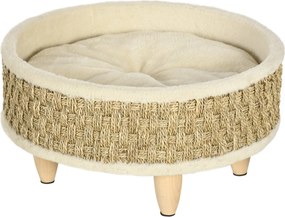 PawHut Emelt Macska Fotel, Luxus Macska Fotel Mosógépben Mosható Párnával, Kiskedvenc Kanapé Tengeri Fű Kötéllel és Fa Lábakkal, Kerek,beltéri, Bézs+K