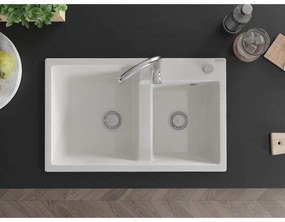 Mexen Tomas, gránit mosogató 800x500x190 mm, 2 kamrás és króm csaptelep Telma, fehér, 6516-20-670200-00